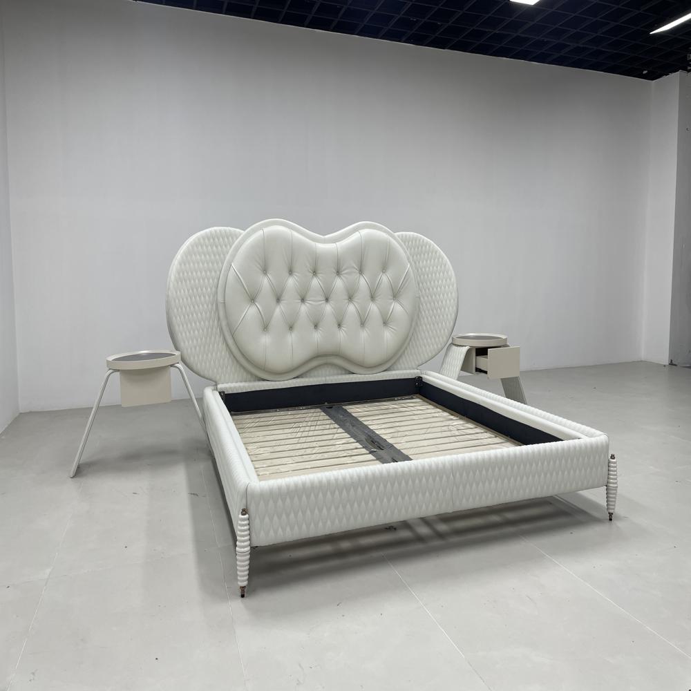 High Headboard Tufted Bed, White Leather Ornate Platform Bed