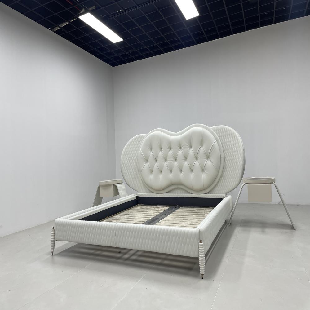 High Headboard Tufted Bed, White Leather Ornate Platform Bed