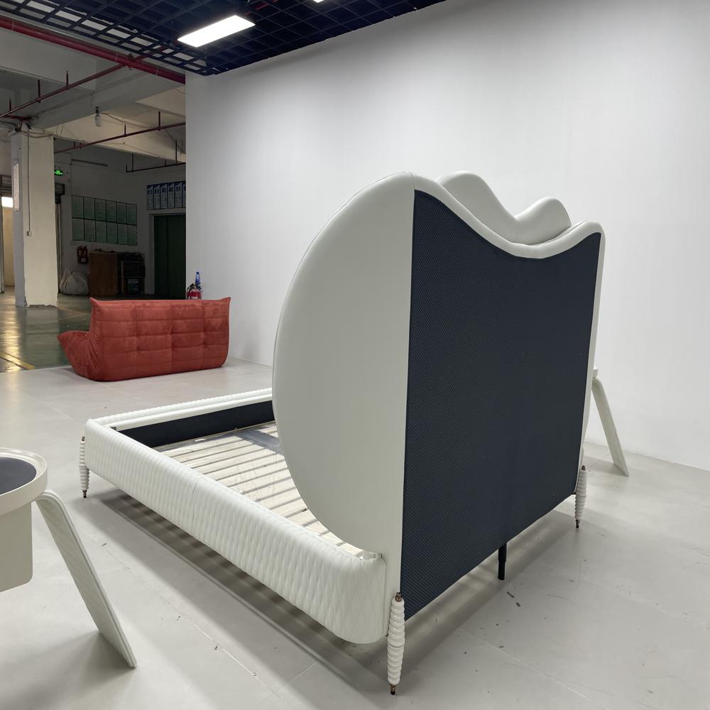 High Headboard Tufted Bed, White Leather Ornate Platform Bed