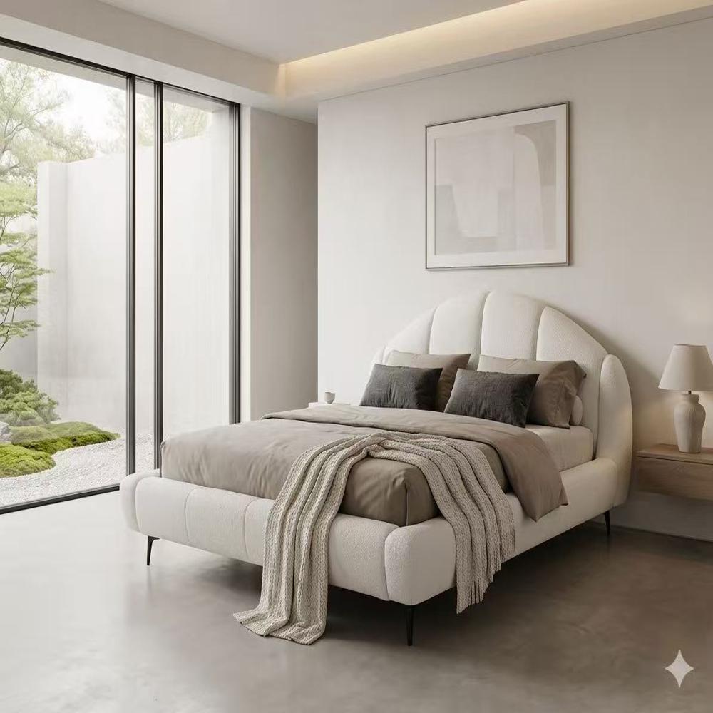 Minimalist Boucle Fabric Bed, Curved Headboard Modern Bed Frame
