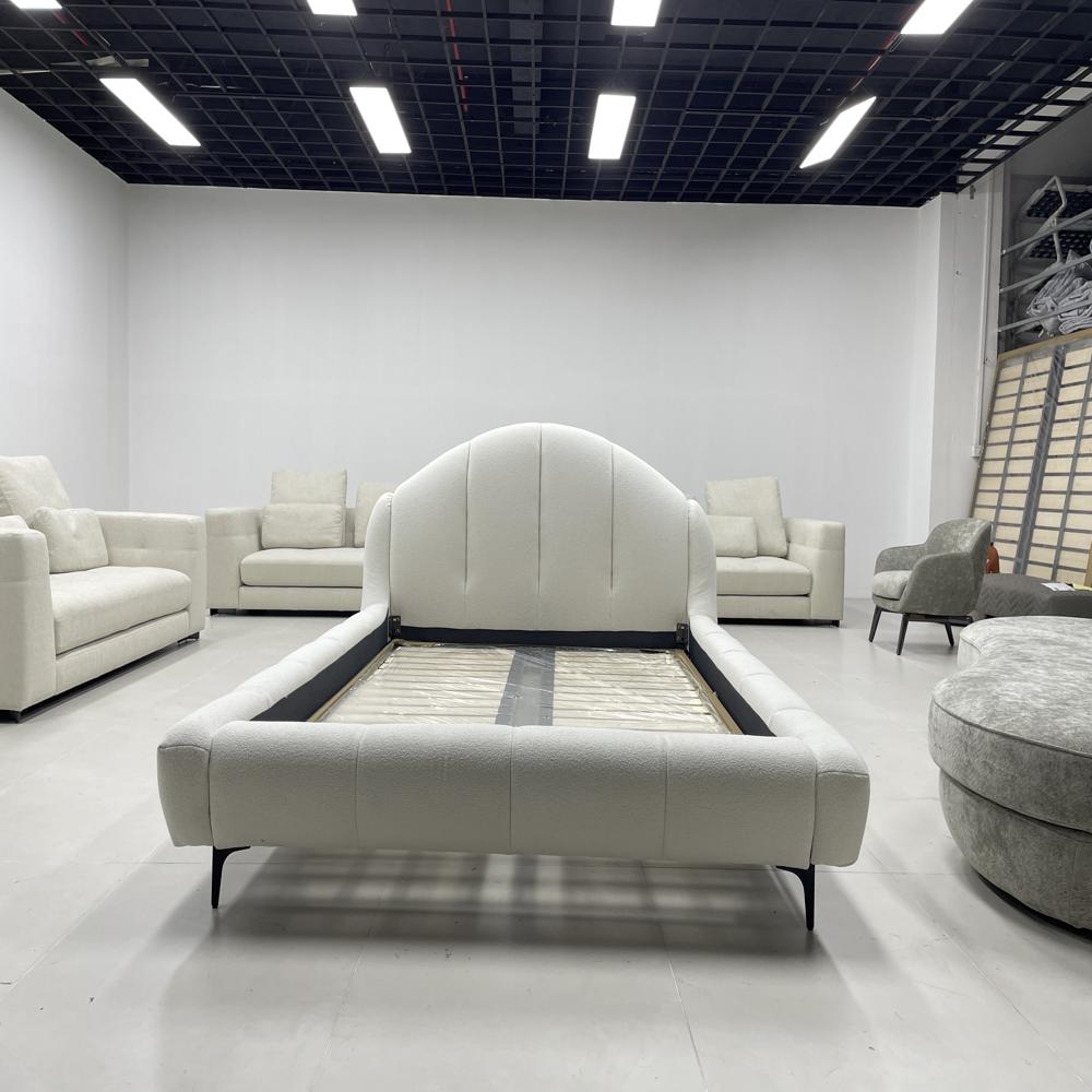 Minimalist Boucle Fabric Bed, Curved Headboard Modern Bed Frame