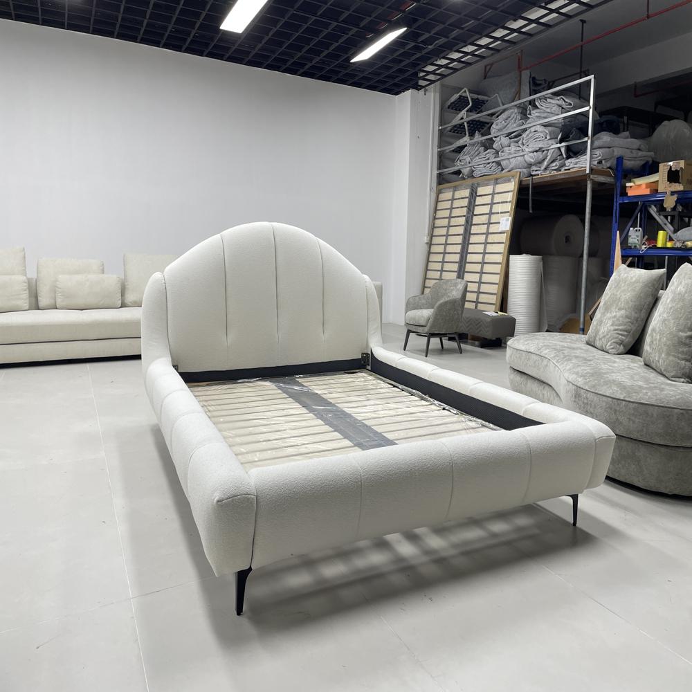 Minimalist Boucle Fabric Bed, Curved Headboard Modern Bed Frame