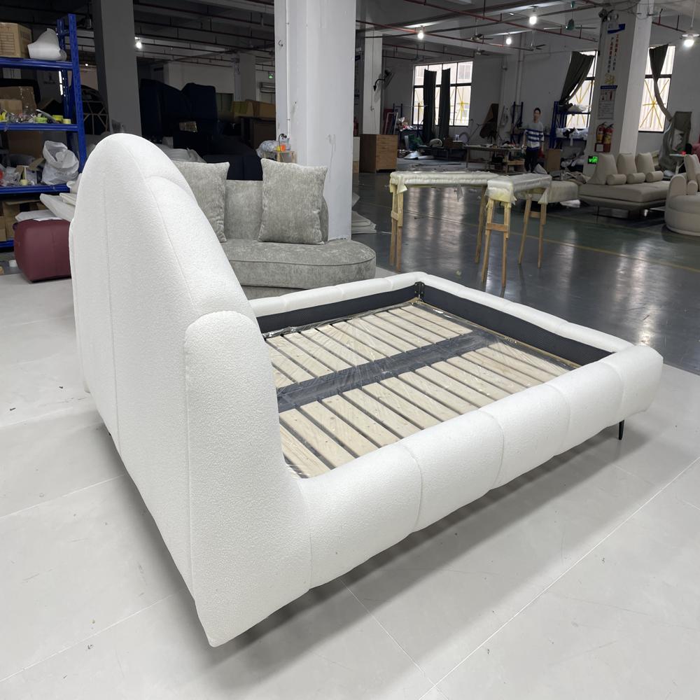 Minimalist Boucle Fabric Bed, Curved Headboard Modern Bed Frame