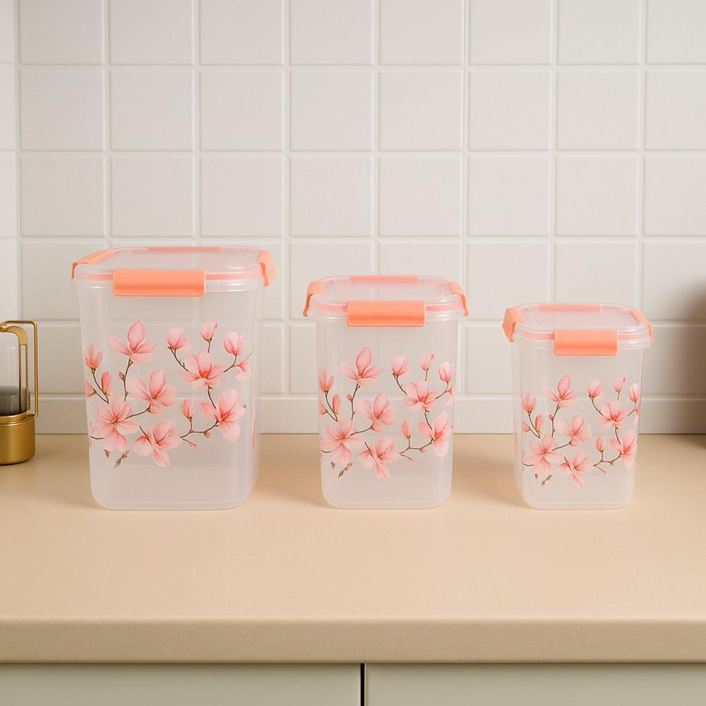 Square 3 Pcs Floral Printed Airtight Storage Container Set (3 Pcs Set) - Color: Mix