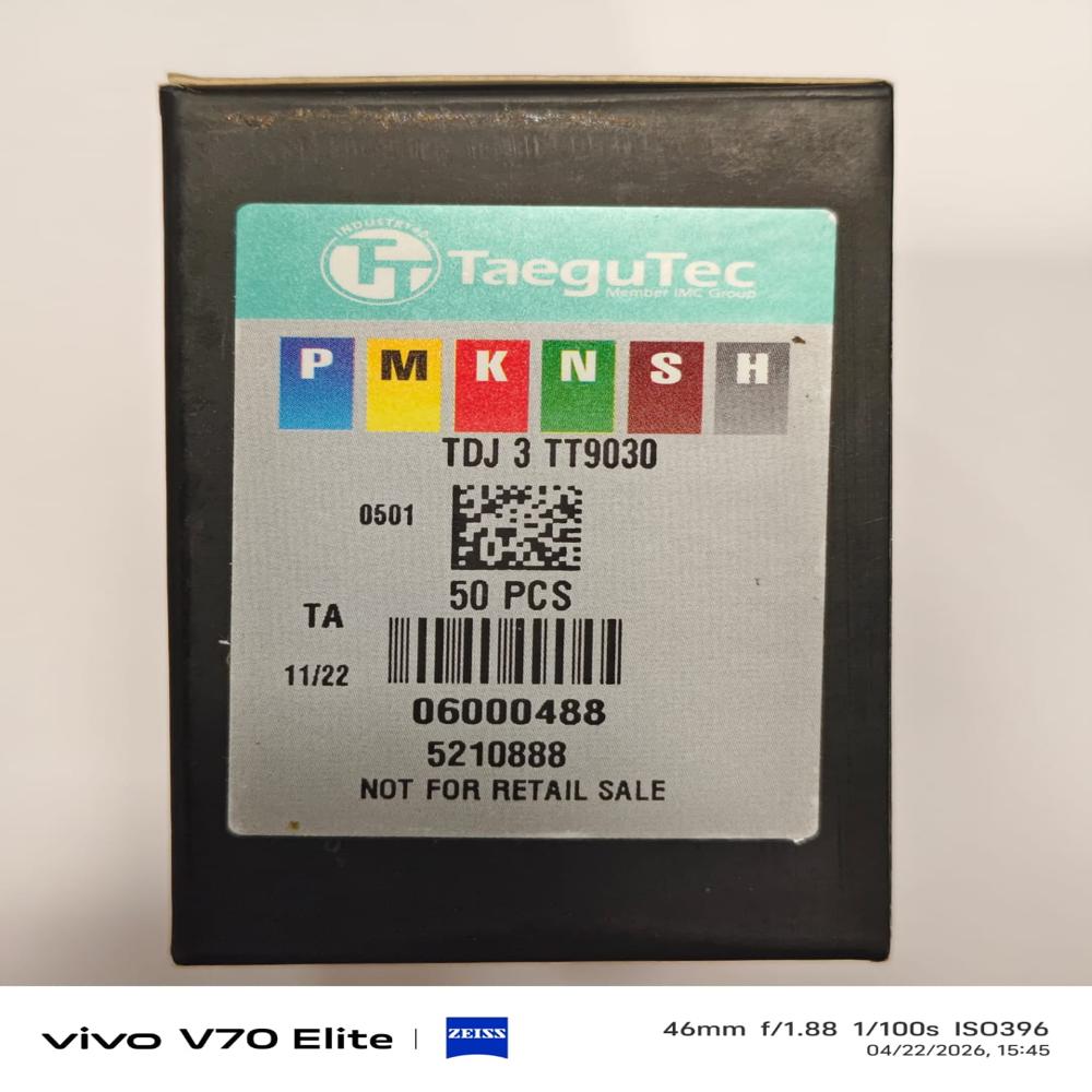 Taegutec Turning Inserts - Carbide, Various Sizes Available, Polished Golden Coating | Industrial Use, Box Pack, Tdc 3 Tt9030 Insert Type