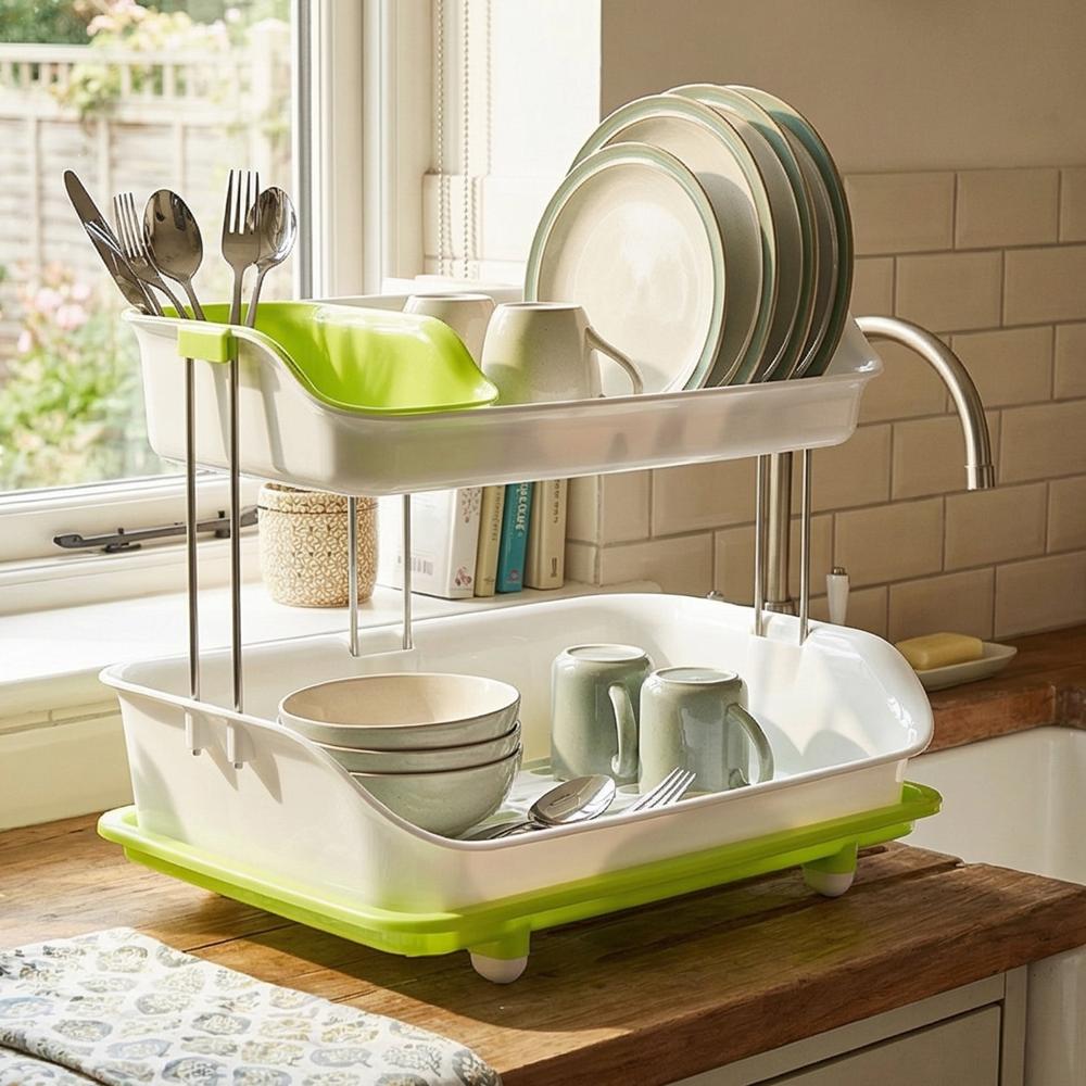 Prexo 2 Layer Kitchen Dish Drying Rack With Drain Tray (1 Set) - Color: Mix
