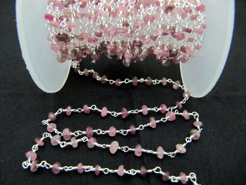 Natural Pink tourmaline Rondelle Faceted Beaded 3-4mm Size Tourmaline Bead Rosary Chain 