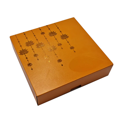 9 Blister Premade Chocolate Box With Golden Embossed Lotus Hanging Designs In Pearl Deep Saffron - Size: 14*14*3 Cm