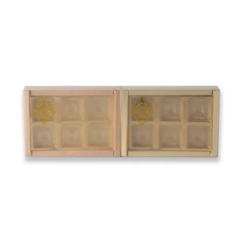 6 Cavity Chocolate Box With Golden Foil Laminated Tray, Translucent PVC Sleeve - Custom Branding, Individual Compartments