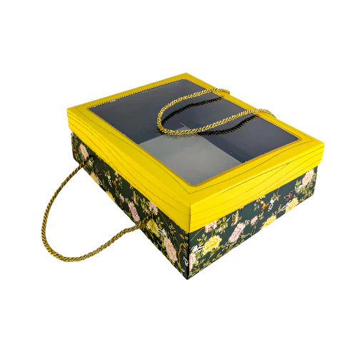 Festive Gift Box with Rope Handle Emerald Blossom Design - Rigid Cardboard, 9 cm Depth, Eco-Friendly, Embossed Gold Accents