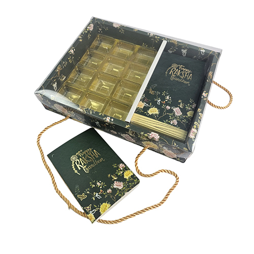Festive Gift Box With Transparent Lid And Rope Handle A Emerald Blossom Design - Length: 12 Inches