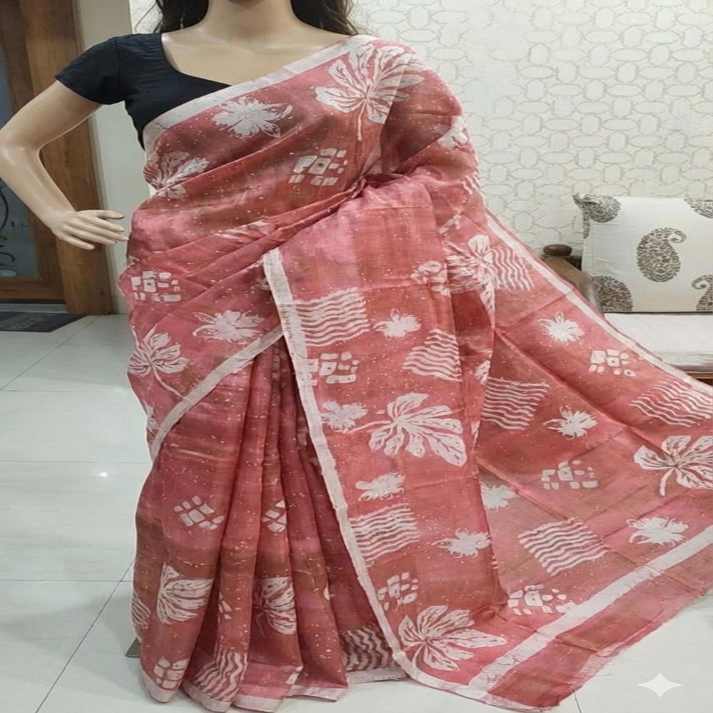 Hand batik on pink Bishnupuri Katan Silk saree 