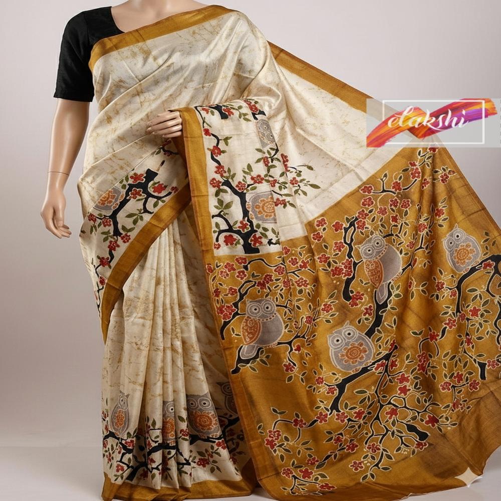 Hand batik on off white Bishnupuri Katan Silk Saree