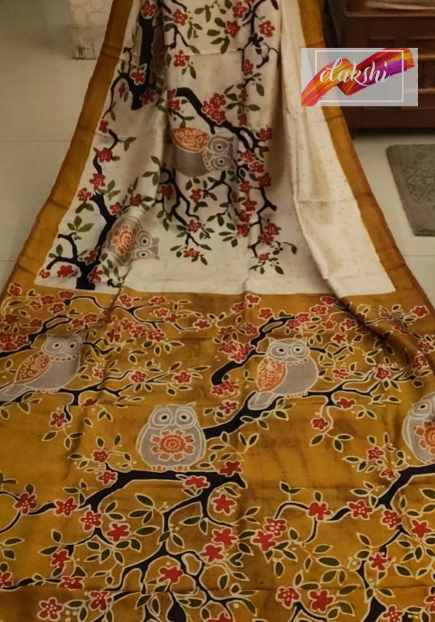 Hand batik on off white Bishnupuri Katan Silk Saree
