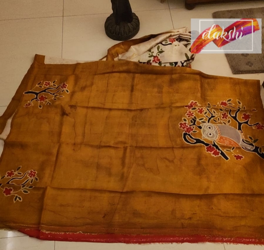 Hand batik on off white Bishnupuri Katan Silk Saree