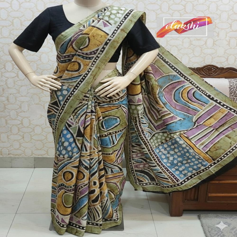 Abstract Hand batik Bishnupuri Katan Silk Saree