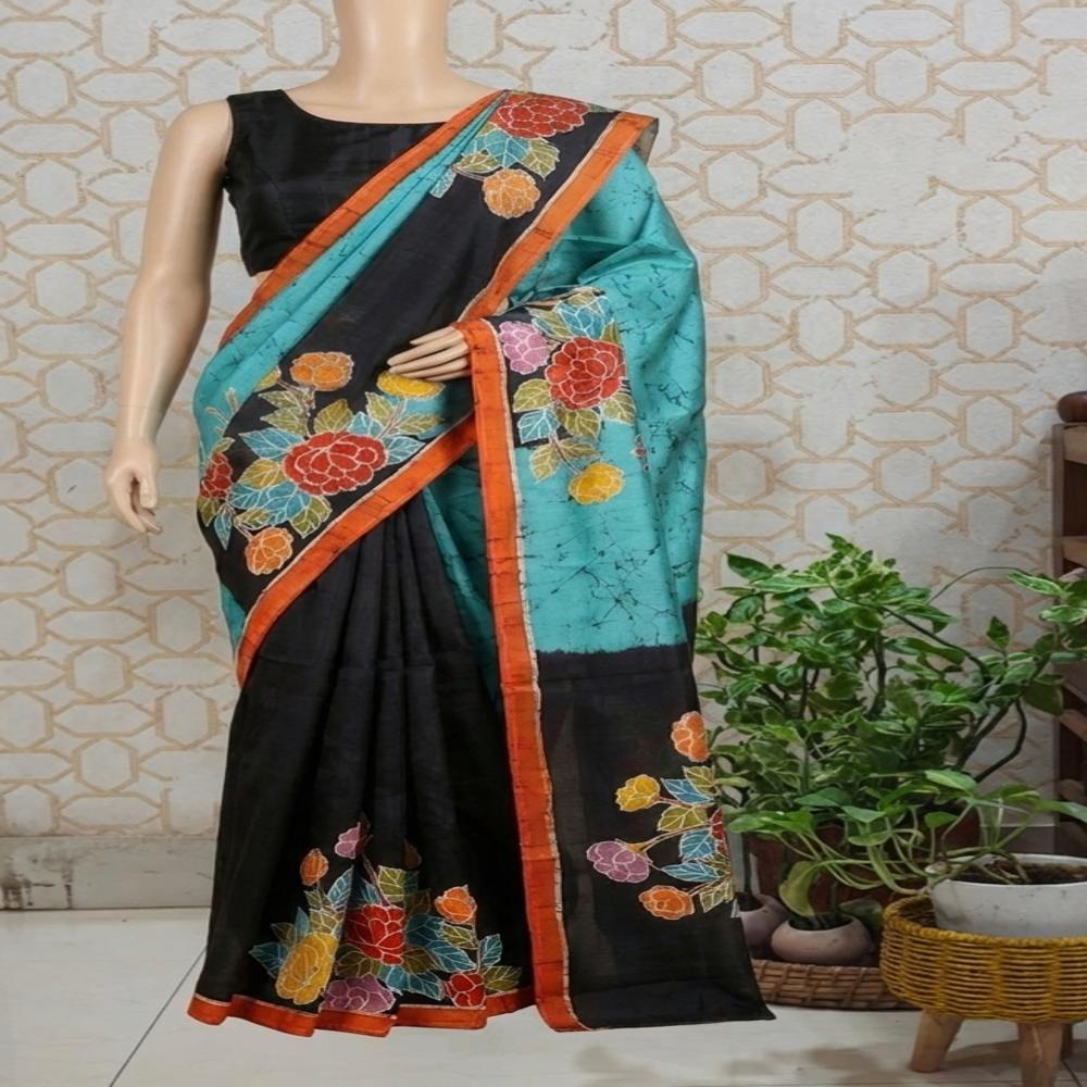 Floral hand batik on Bishnupuri Katan Silk Saree 