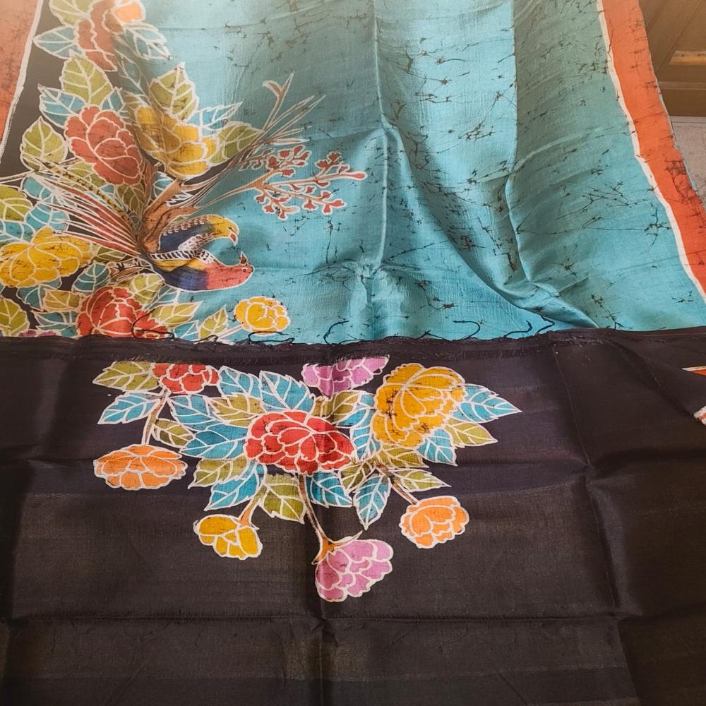 Floral hand batik on Bishnupuri Katan Silk Saree 