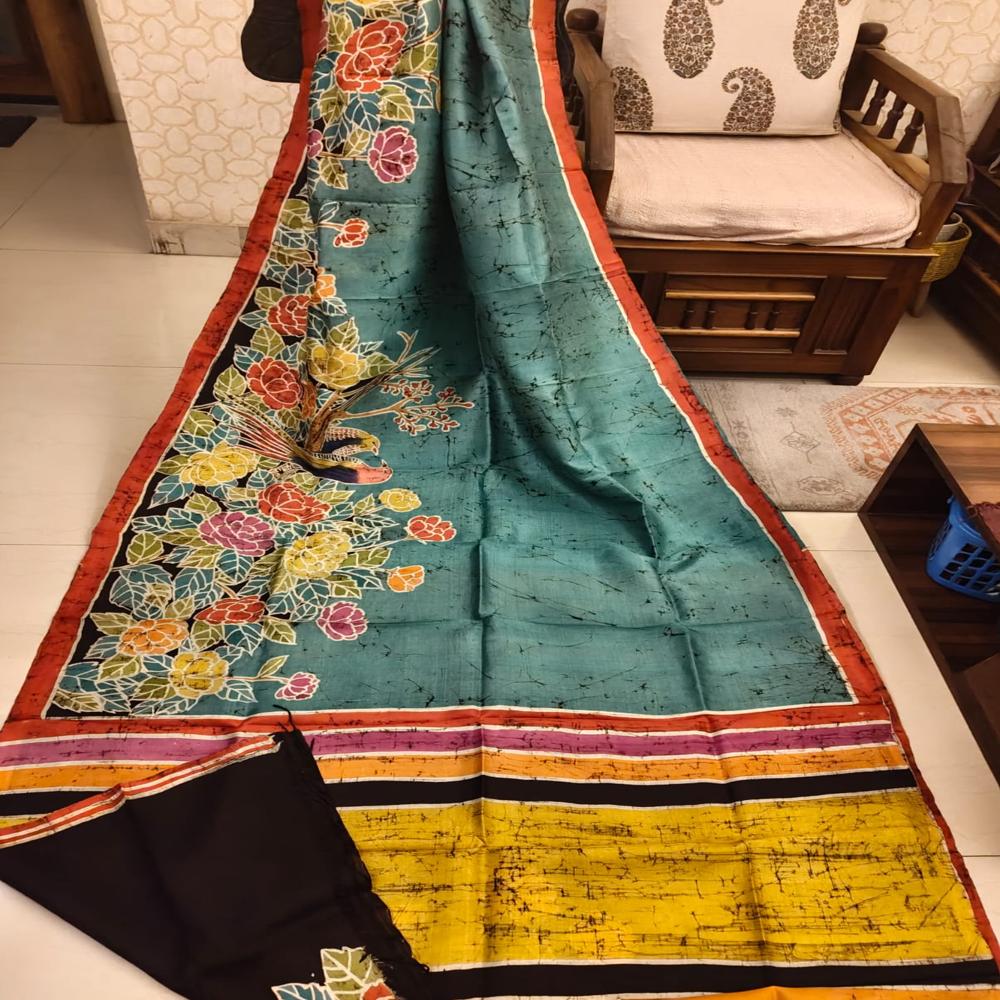 Floral hand batik on Bishnupuri Katan Silk Saree 