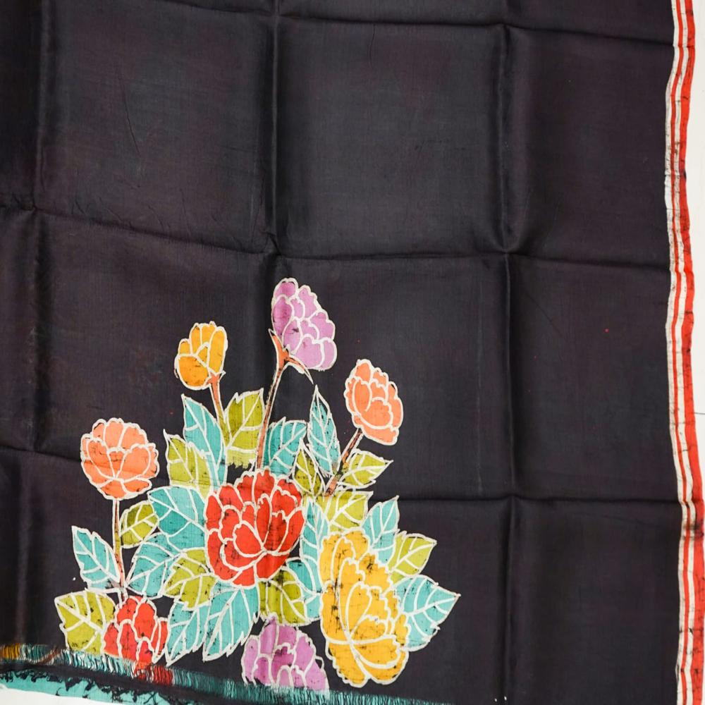 Floral hand batik on Bishnupuri Katan Silk Saree 