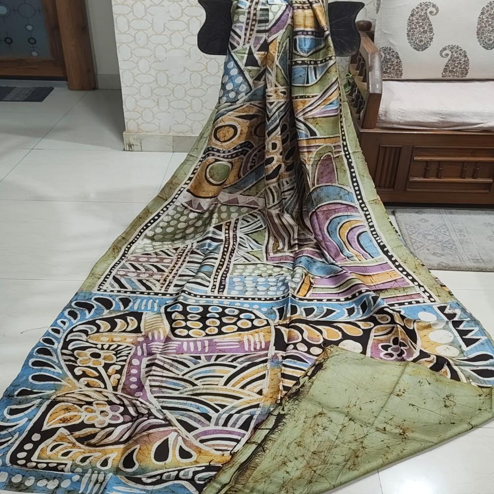 Abstract Hand batik Bishnupuri Katan Silk Saree 