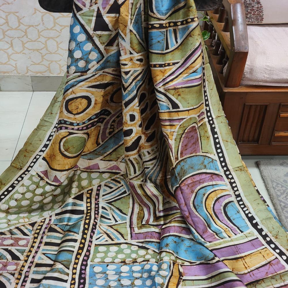 Abstract Hand batik Bishnupuri Katan Silk Saree 