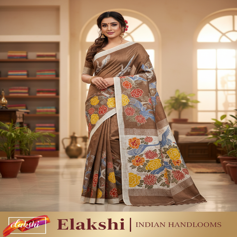 Hand batik on brown Bishnupuri Katan Silk saree
