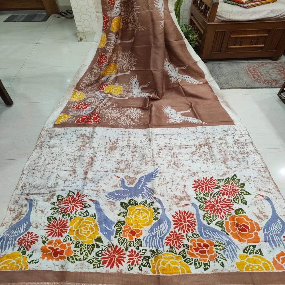 Hand batik on brown Bishnupuri Katan Silk saree