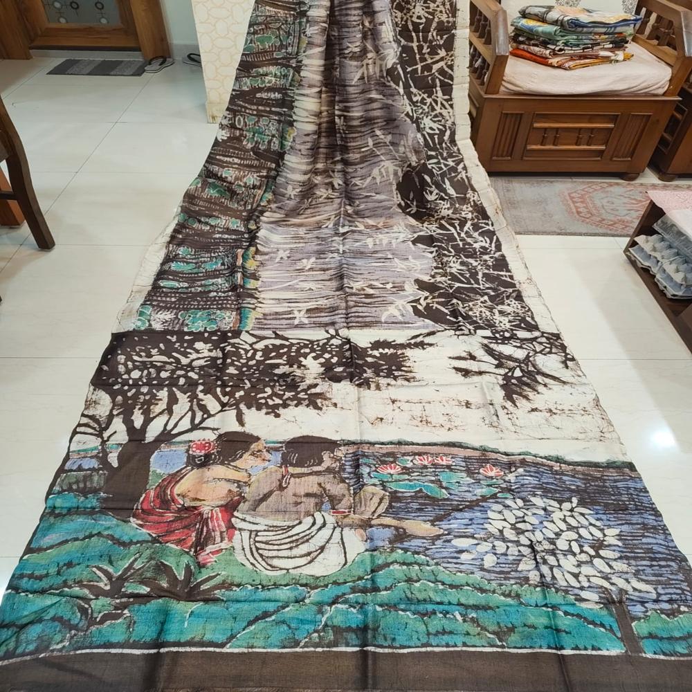 Hand batik on off white black Bishnupuri Katan Silk saree 