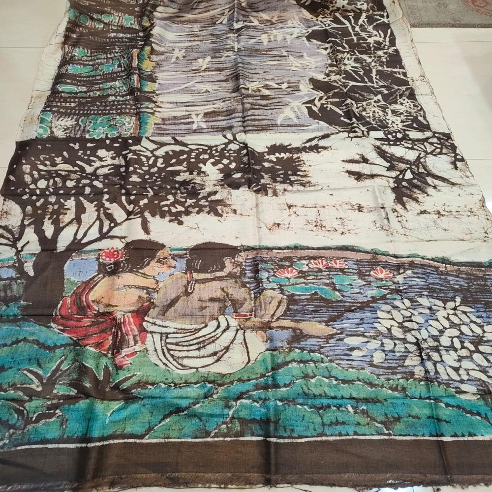 Hand batik on off white black Bishnupuri Katan Silk saree 