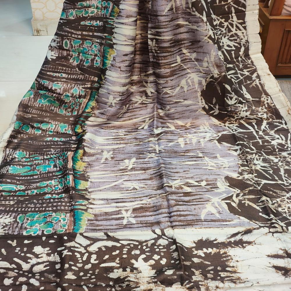 Hand batik on off white black Bishnupuri Katan Silk saree 