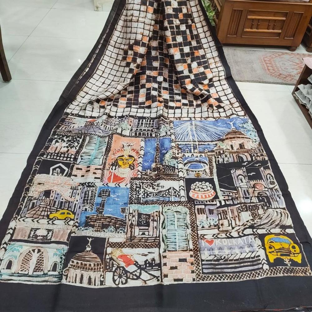 Hand batik of Kolkata on Bishnupuri Katan Silk saree 
