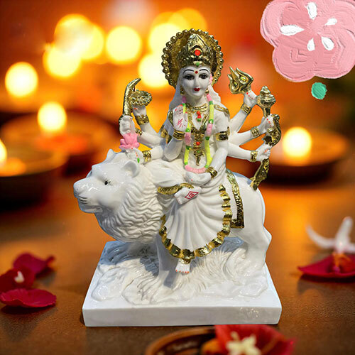 White And Gold Maa Durga Idol In Polyresin