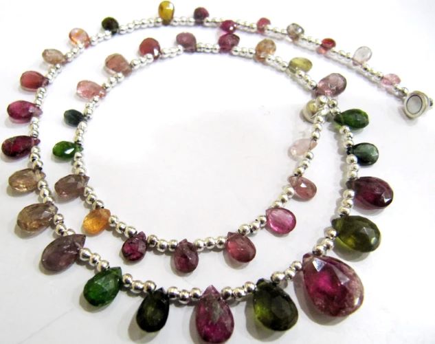 Natural Multi Tourmaline Briolette Faceted Pear Shape 4X6mm to 9X12mm Size Beaded Necklace 16 Inches Long