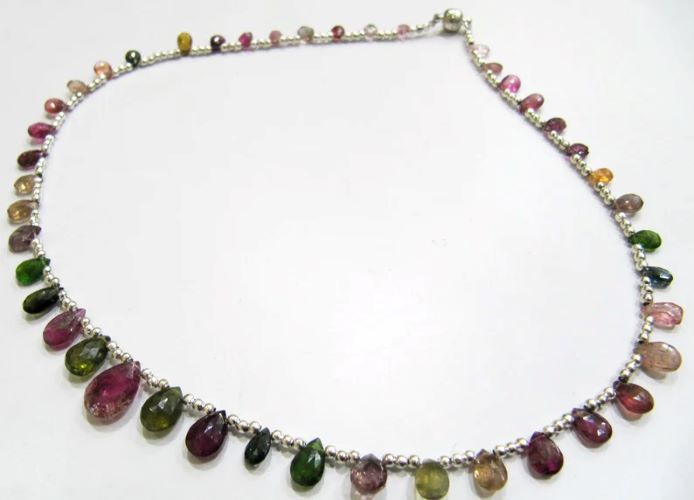 Natural Multi Tourmaline Briolette Faceted Pear Shape 4X6mm to 9X12mm Size Beaded Necklace 16 Inches Long