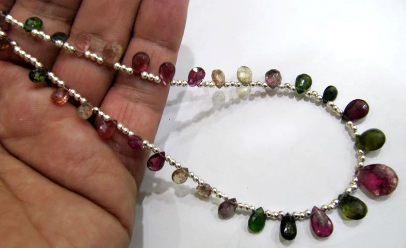 Natural Multi Tourmaline Briolette Faceted Pear Shape 4X6mm to 9X12mm Size Beaded Necklace 16 Inches Long