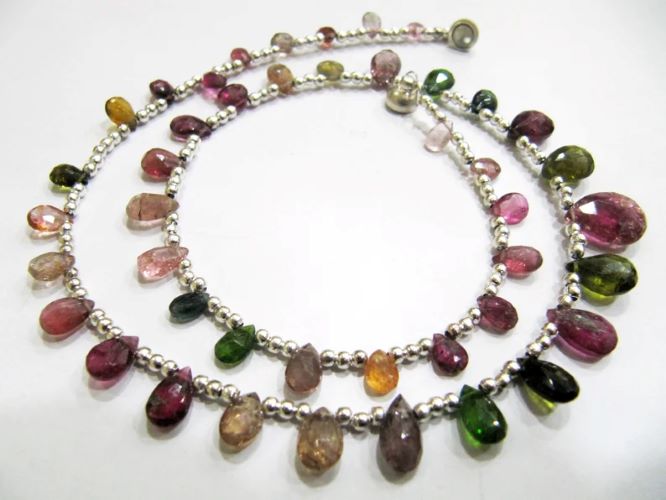 Natural Multi Tourmaline Briolette Faceted Pear Shape 4X6mm to 9X12mm Size Beaded Necklace 16 Inches Long