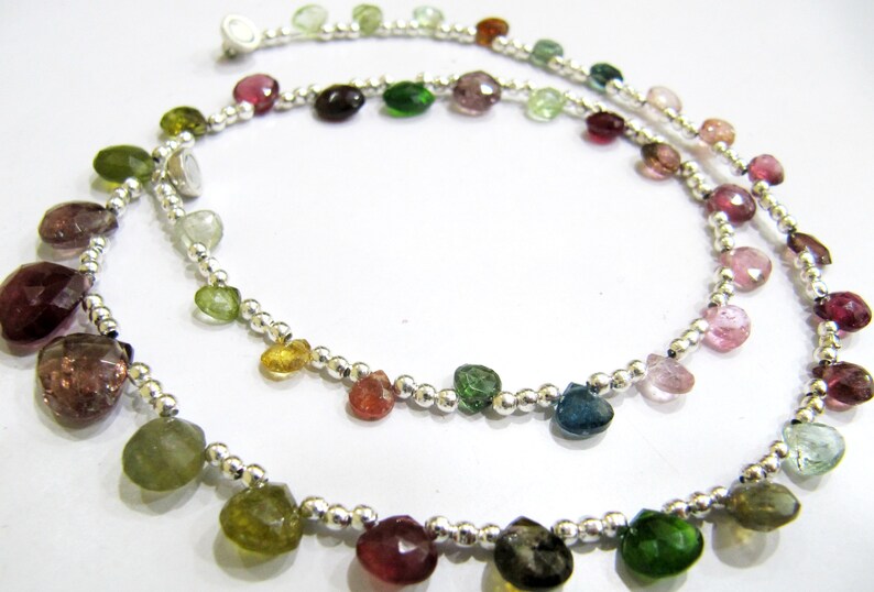 Natural Multi Tourmaline Briolette Faceted Heart Shape 6 to 10mm Graduated Beaded Necklace 16 Inches Long