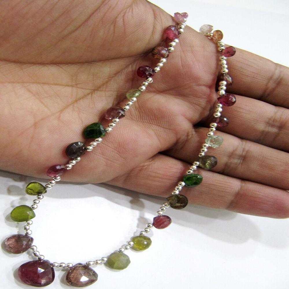 Natural Multi Tourmaline Briolette Faceted Heart Shape 6 to 10mm Graduated Beaded Necklace 16 Inches Long