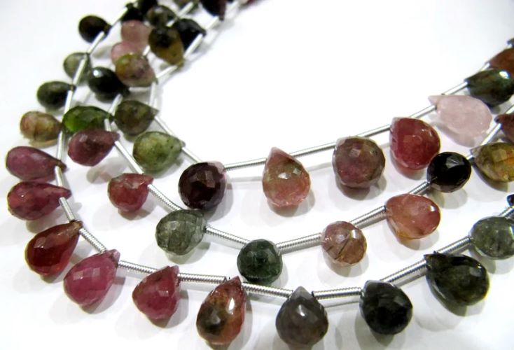 Natural Multi Tourmaline Briolette Faceted Drop Shape Beads Strand 8 Inches Long 