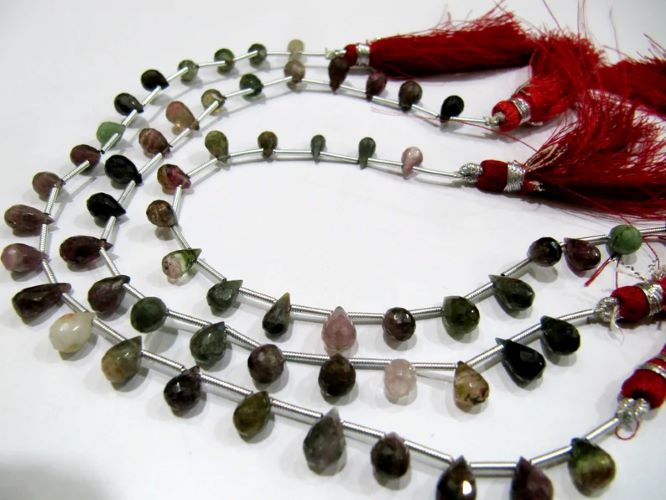Natural Multi Tourmaline Briolette Faceted Drop Shape Beads Strand 8 Inches Long 
