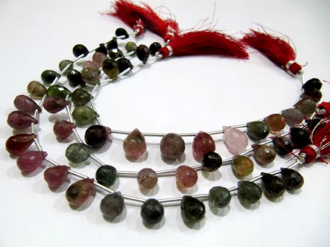 Natural Multi Tourmaline Briolette Faceted Drop Shape Beads Strand 8 Inches Long 