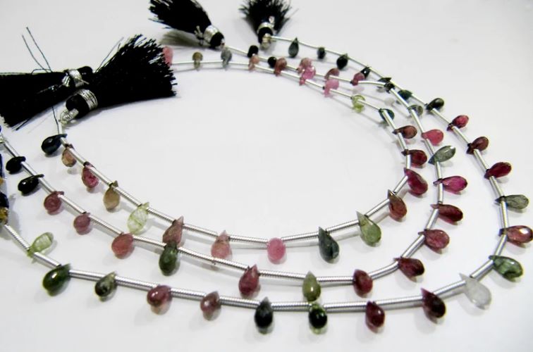Natural Multi Tourmaline Briolette Faceted Drop Shape Beads Strand 8 Inches Long 