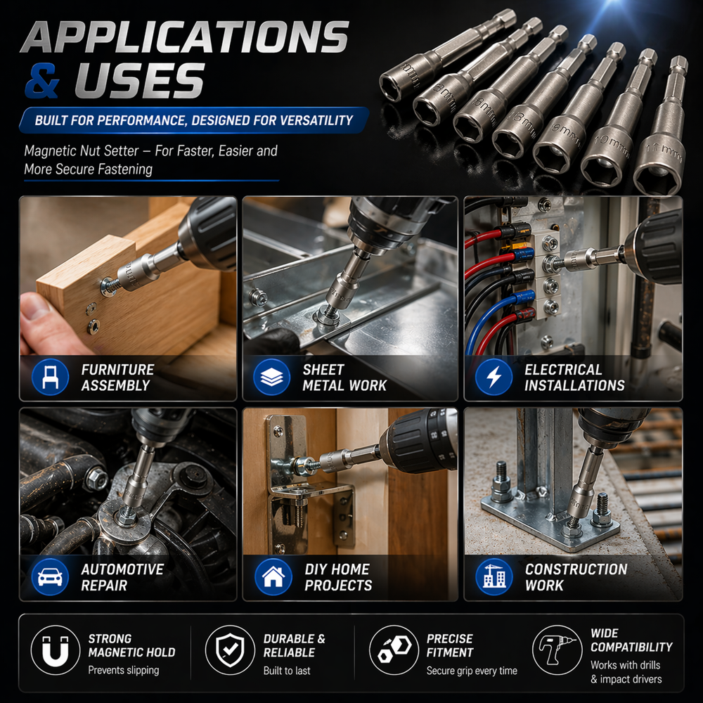 SDY-96008 Magnetic Nut Setter Set, Heat-Treated Steel, Compatible with Impact Drivers and Drill Drivers