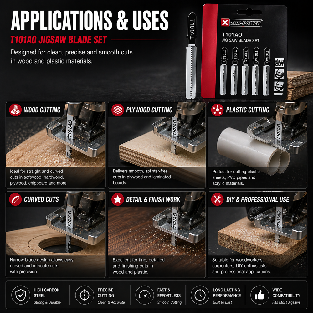 T101A0 Jigsaw Blade Set for Wood and Plastic, High Carbon Steel, 5-Pack