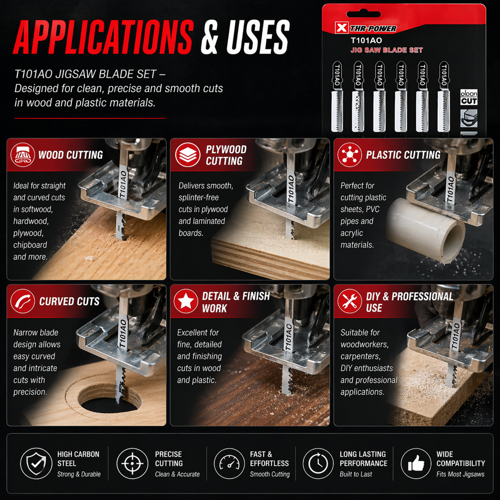 T101A0 Jigsaw Blade Set for Wood and Plastic, High Carbon Steel, 5-Pack