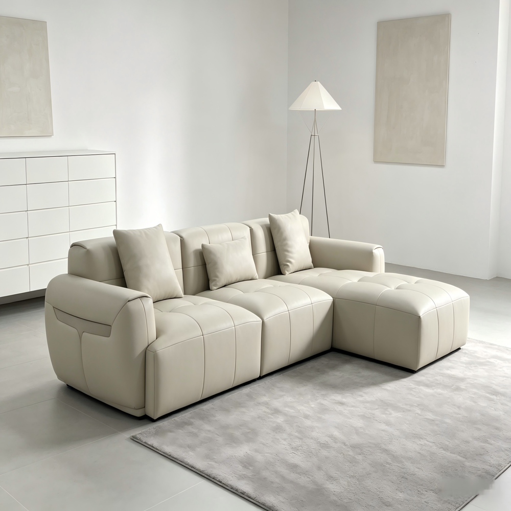 Italian Minimalist Leather Sofa, Modern Luxury L-Shaped Sectional Sofa