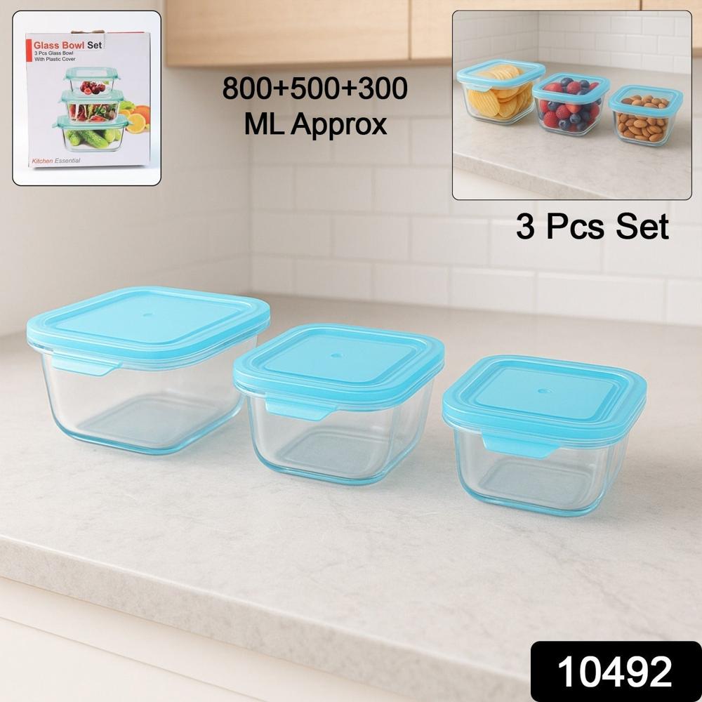 Premium Quality 3Piece Square Glass Food Storage Container / Bowl Set - Color: Mix