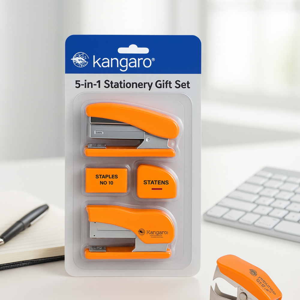 Kangaro 5 In 1 Stationery Gift Set Stapler, Staples, Staple Remover, Tape Dispenser - Color: Mix