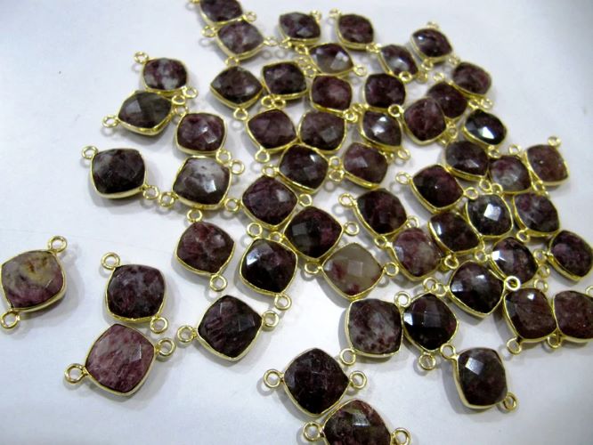 Natural Gemstones Briolette Faceted 10mm Cushion Square Shape Double Loop Bezel Connector charms